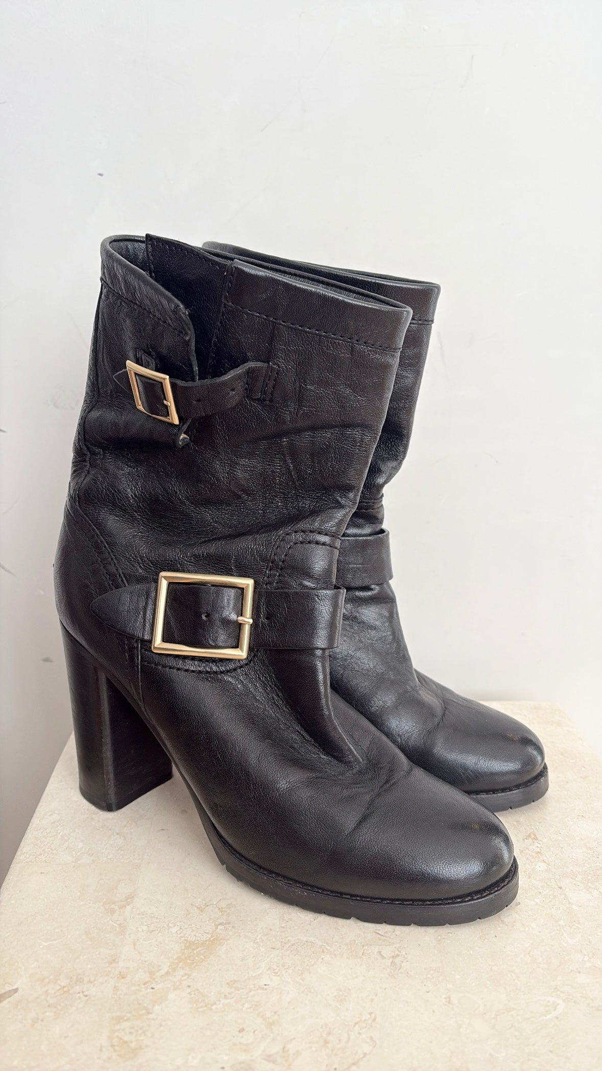 Jimmy Choo Black Leather Heeled Buckle Boots, 38.5