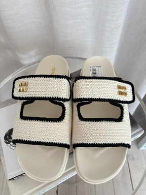 Miu Miu White and Black Knit Logo Slides, 41