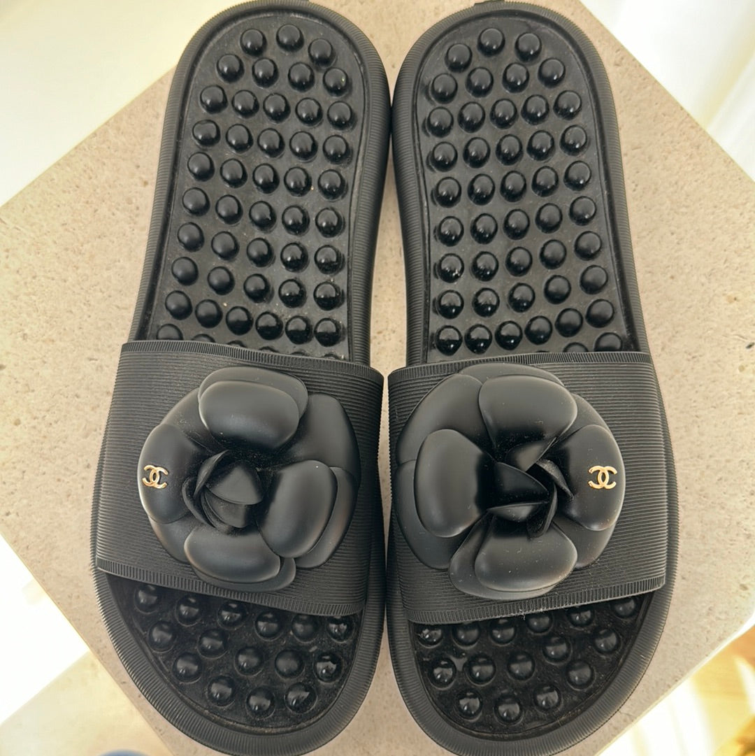 Chanel Black Rubber Slides with Camellie Detail, 40