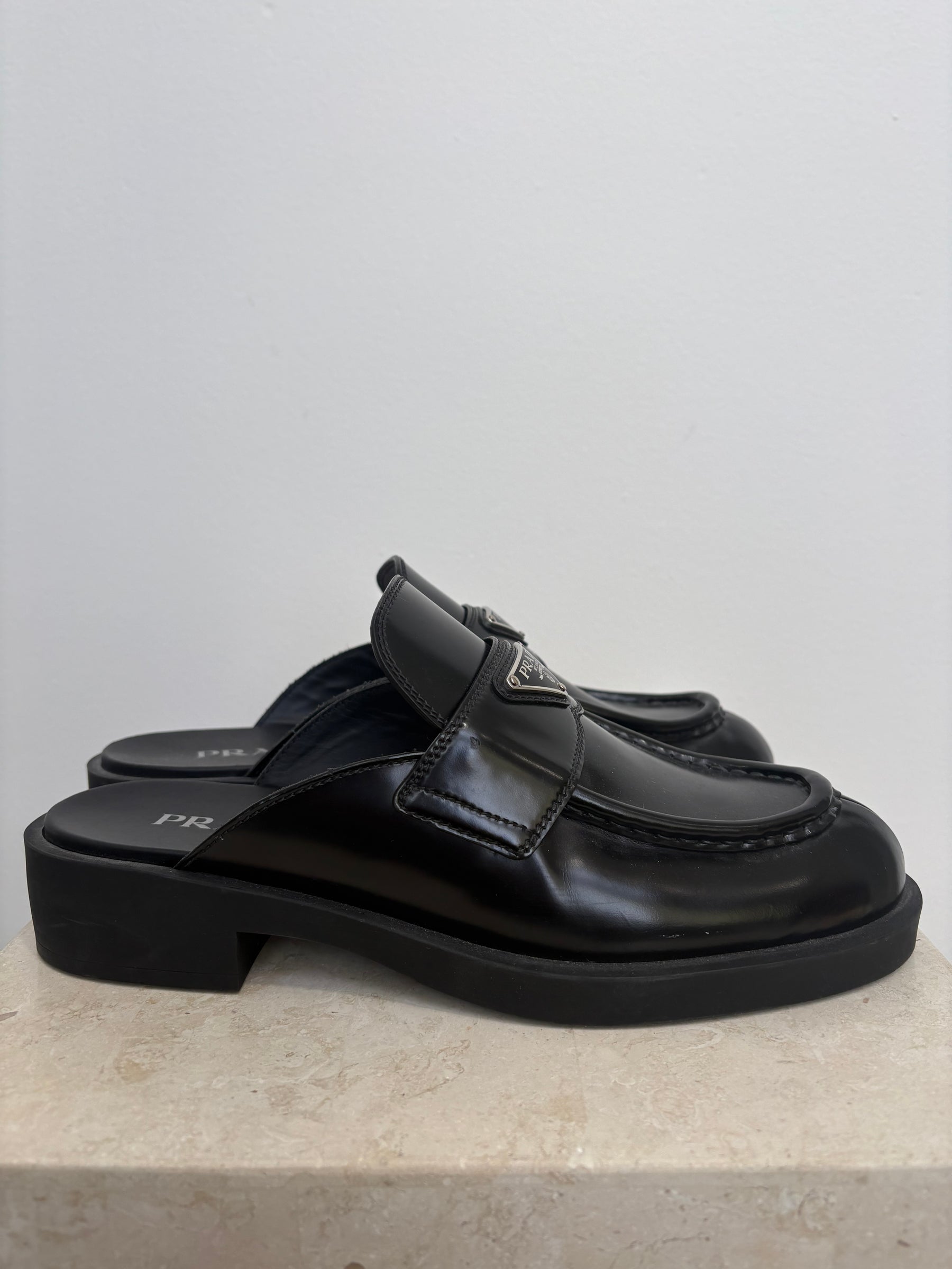 Prada Black Leather Backless Loafer, 41