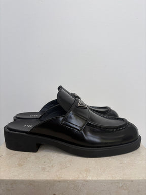 Prada Black Leather Backless Loafer, 41