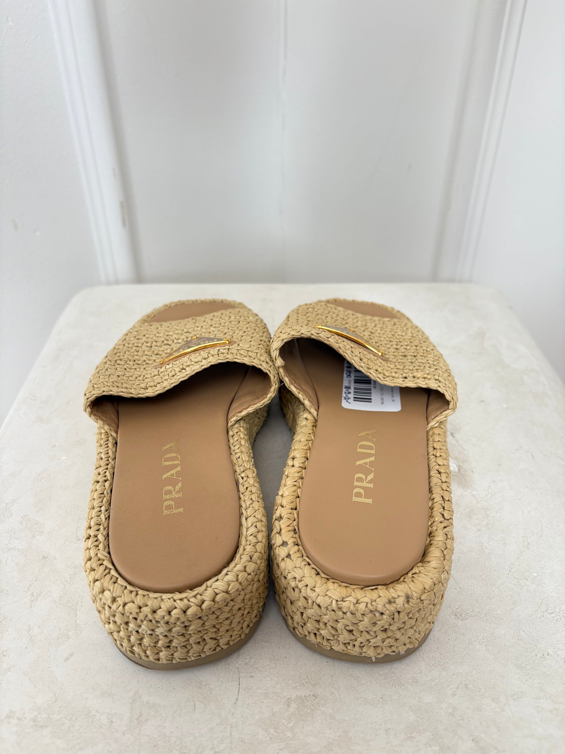 Prada Natural Crochet Platform slides, 36