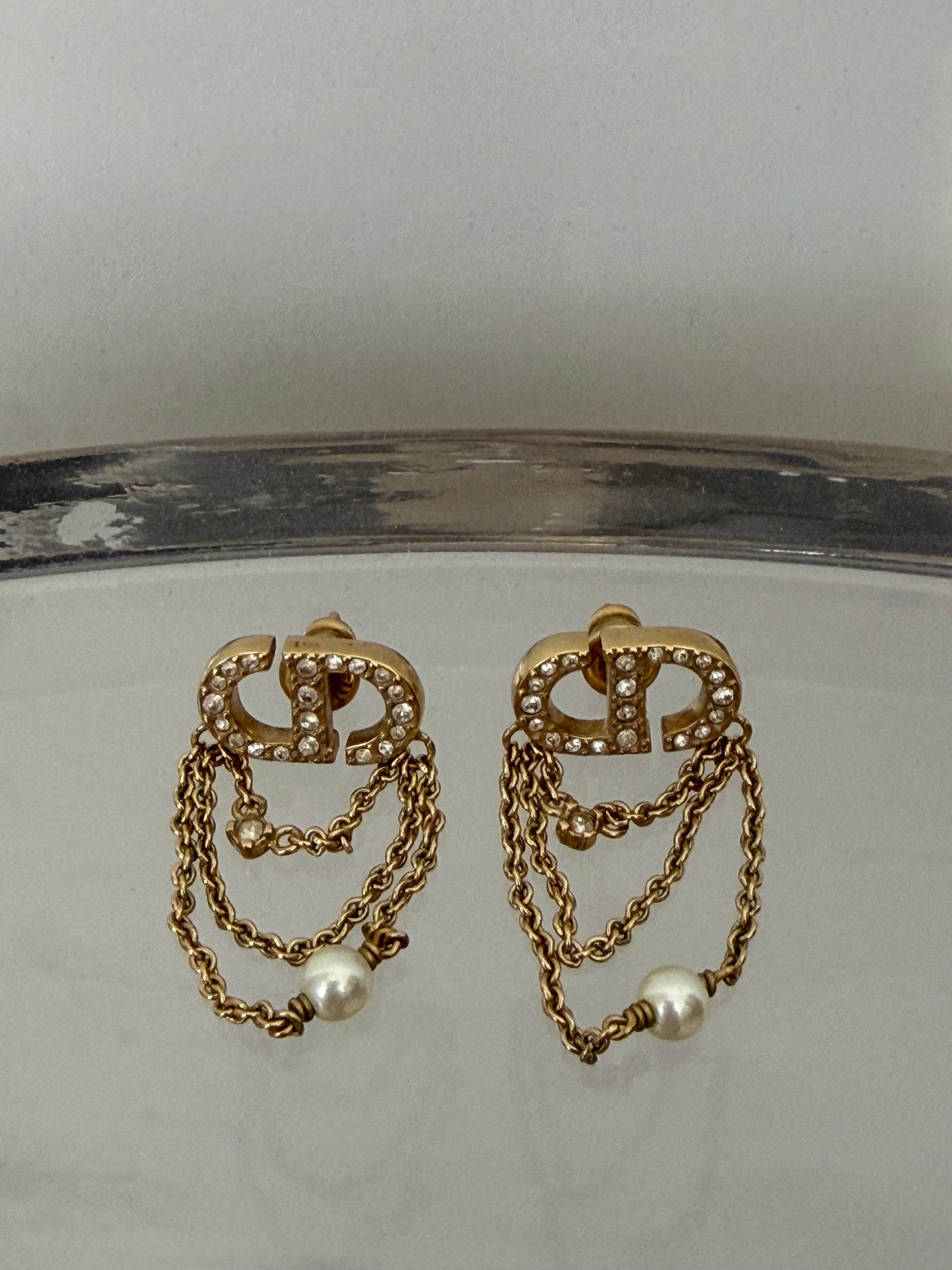 Dior Gold Tone Chain Logo Earrings
