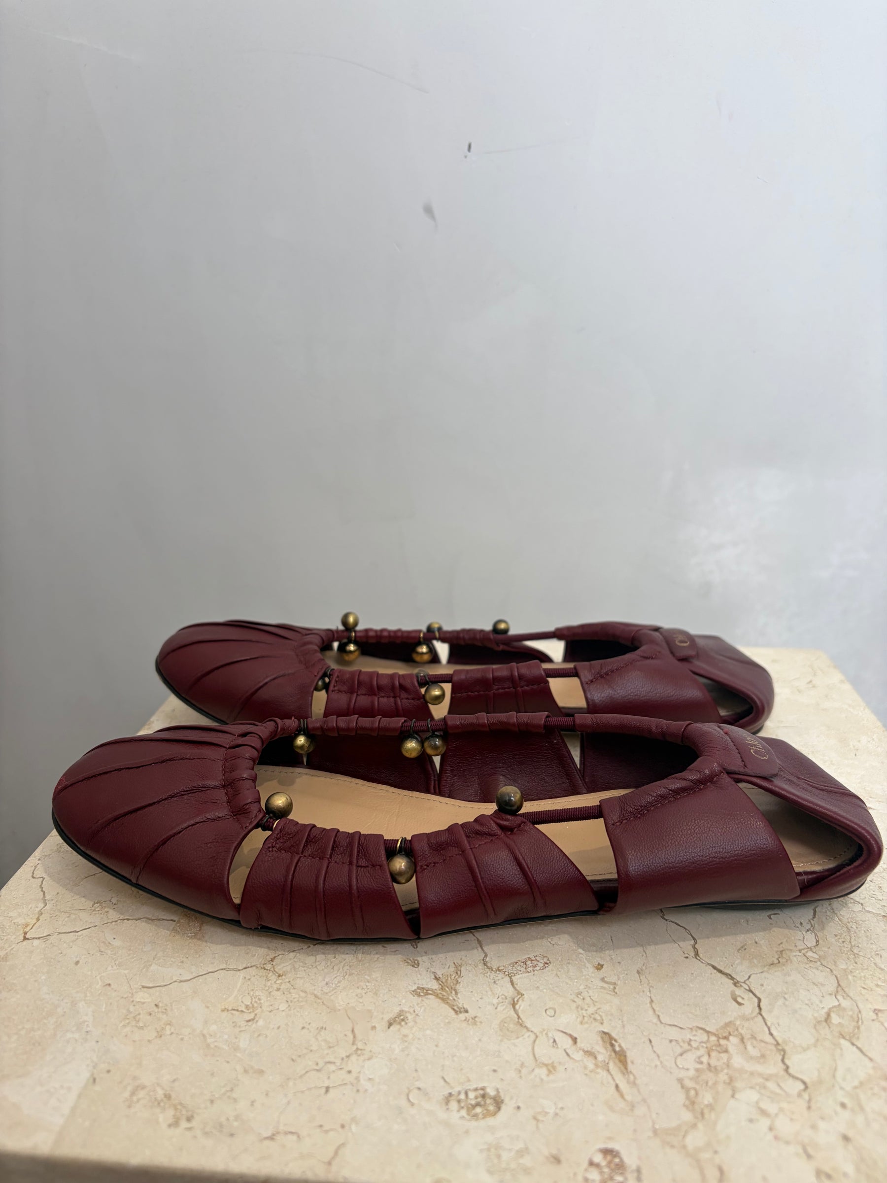 Chloe Burgundy Leather Beaded Cut Out Ballet Flats, 37