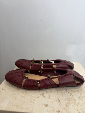 Chloe Burgundy Leather Beaded Cut Out Ballet Flats, 37