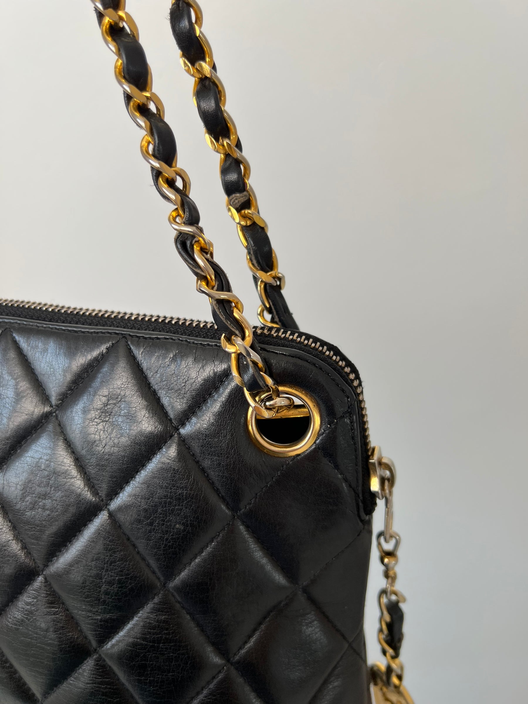 Chanel Black Leather Vintage Quilted Dome Bag