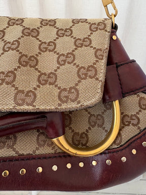 Gucci Burgundy Leather and Canvas Monogram Horsebit Clutch
