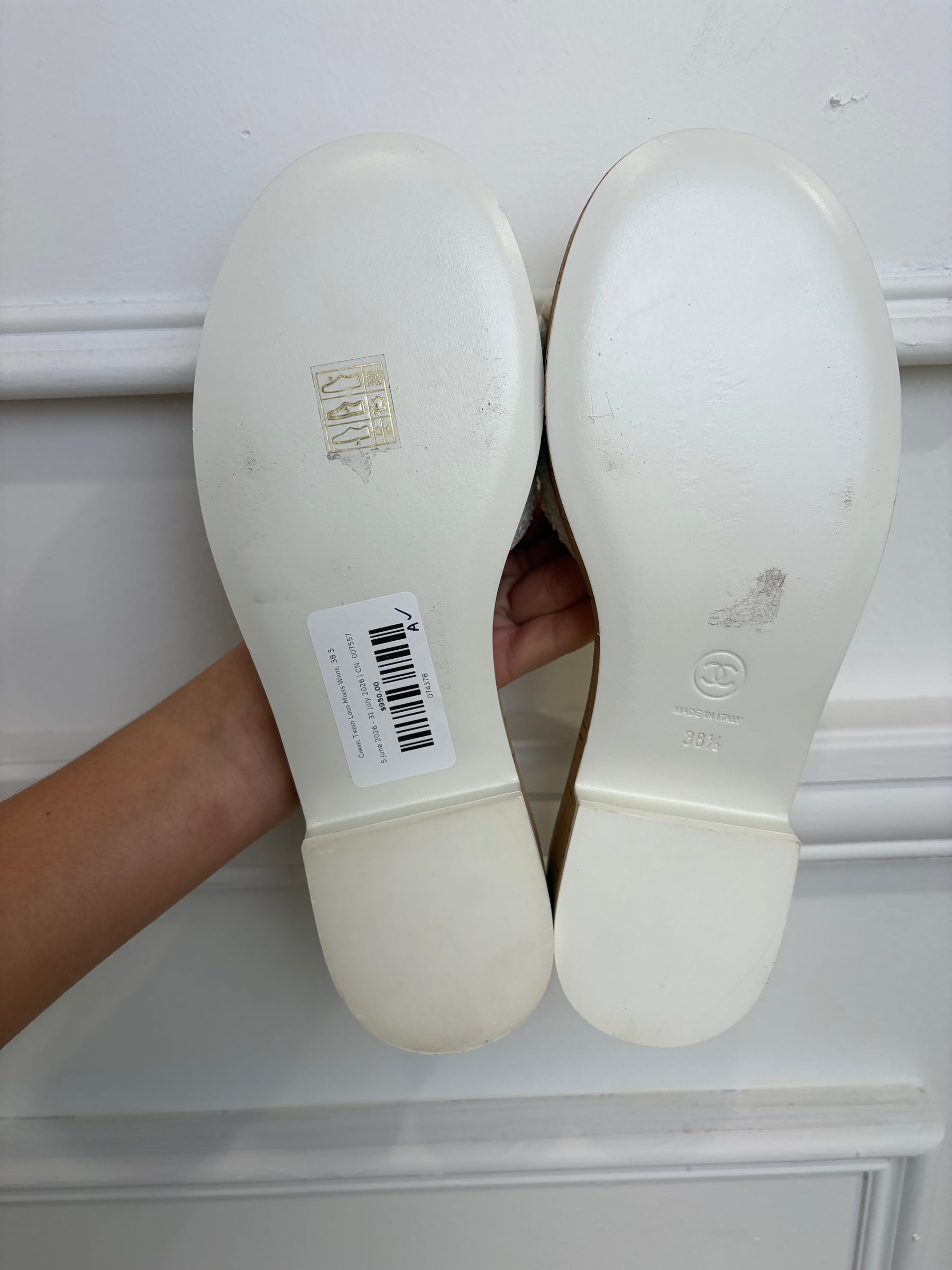 Chanel Tweed Logo Mules White, 38.5