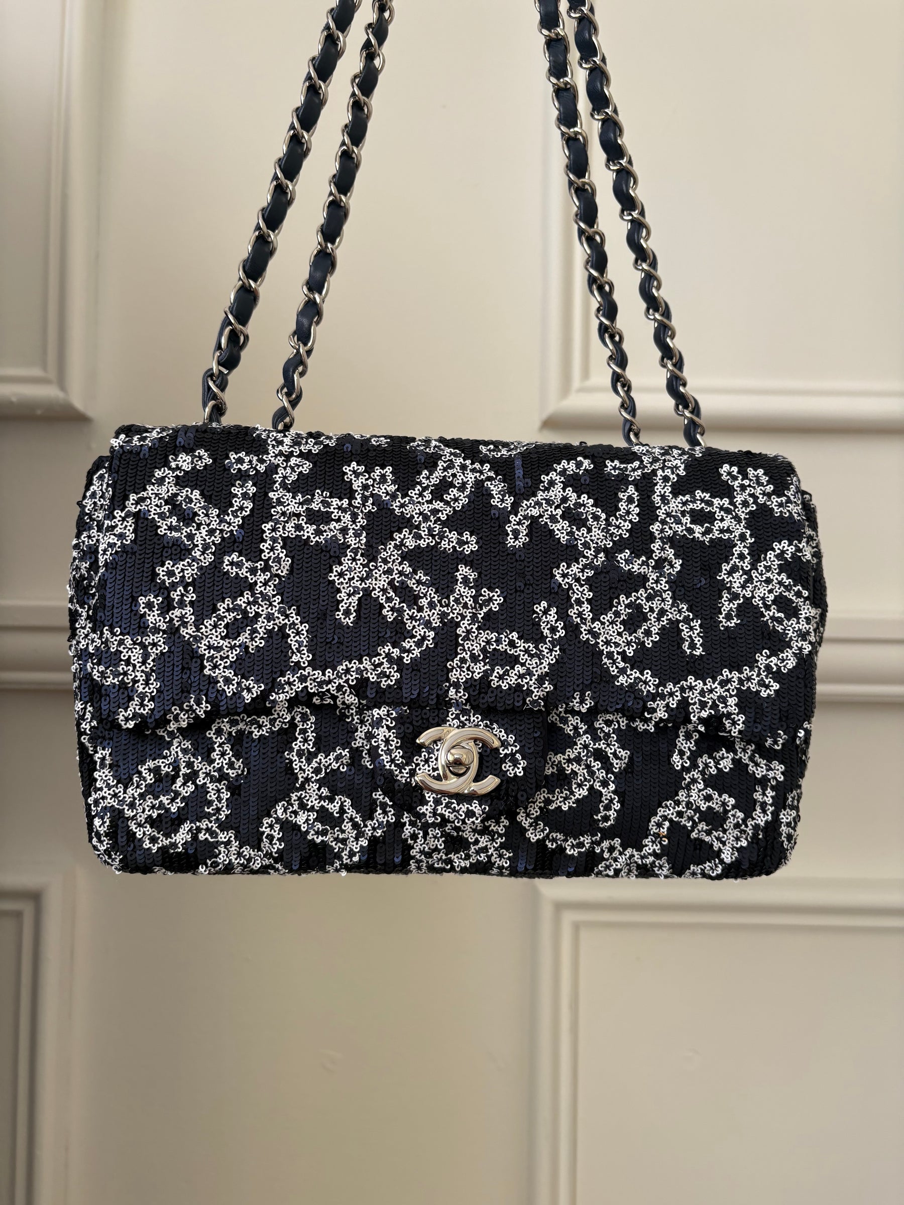 Chanel Navy and White Sequin Logo Medium Flap Bag