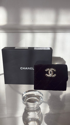 Chanel Black Velvet Logo Mini Flap Wallet