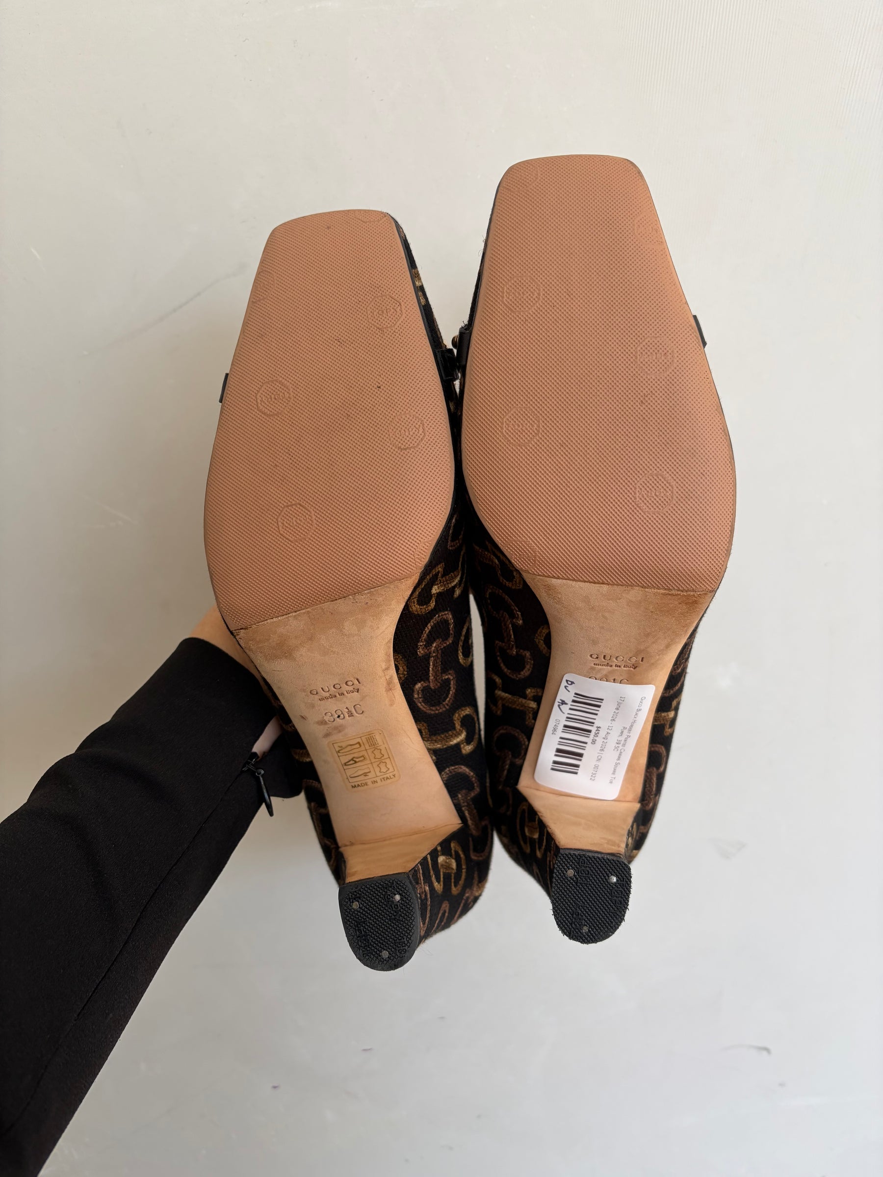 Gucci Black Horsebit Printed Canvas Square Toe Pumps, 39.5C