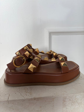 Valentino Tan Leather Roman Stud Sandals, 37