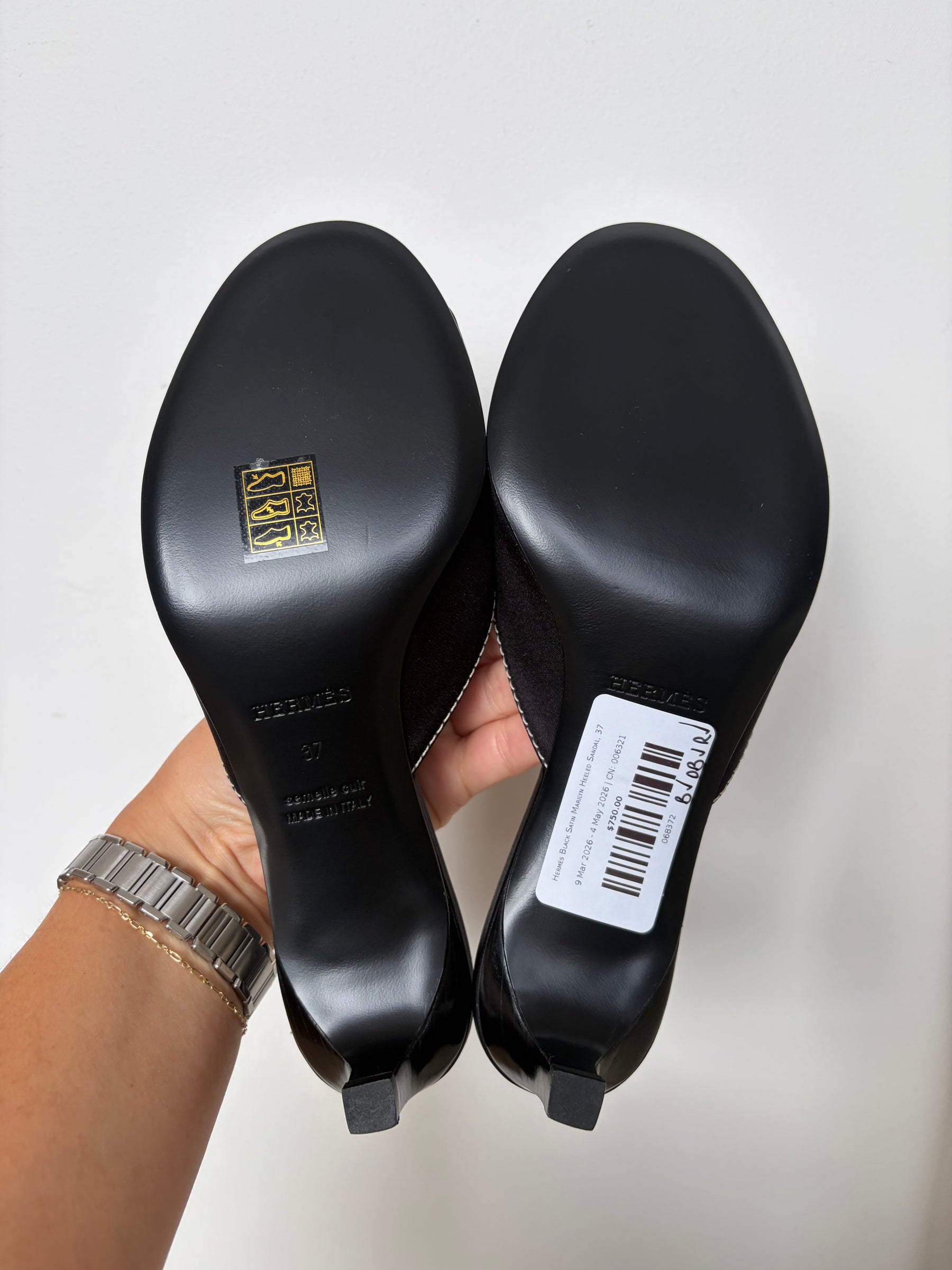 Hermès Black Satin Marilyn Heeled Sandal, 37