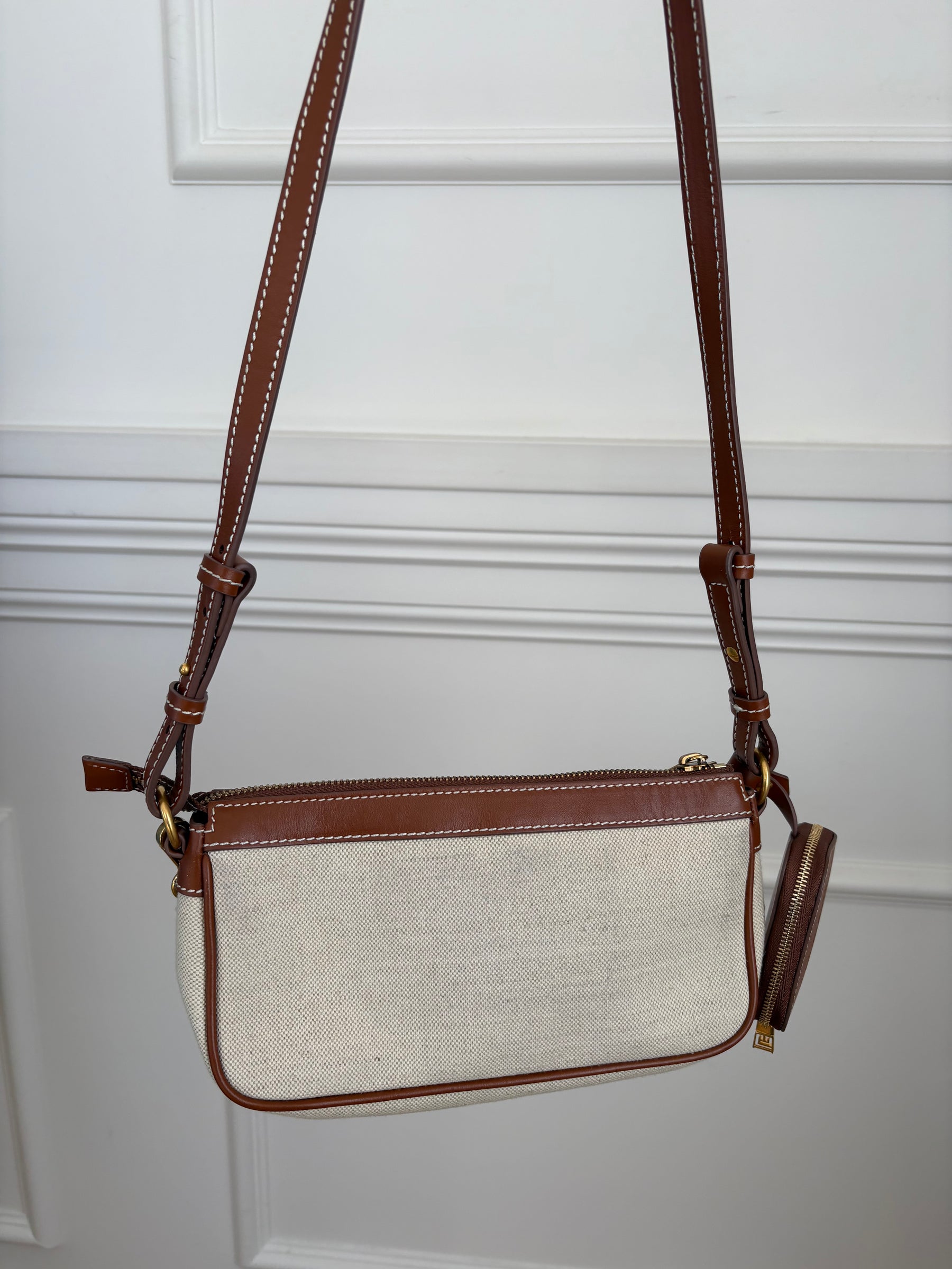 Balmain Tan Leather and Canvas Logo Crossbody bag
