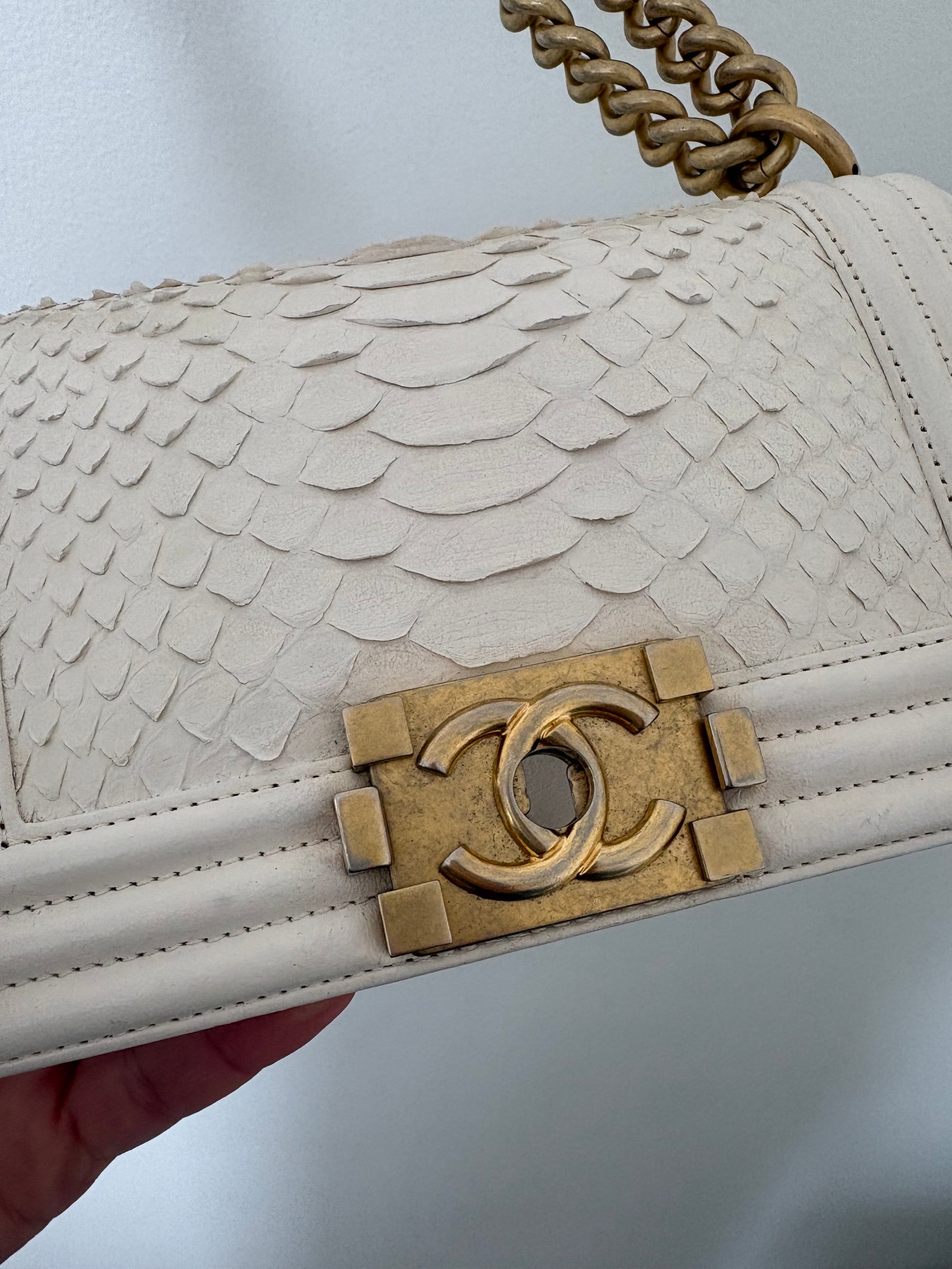Chanel White Python Leather Small Boy Bag