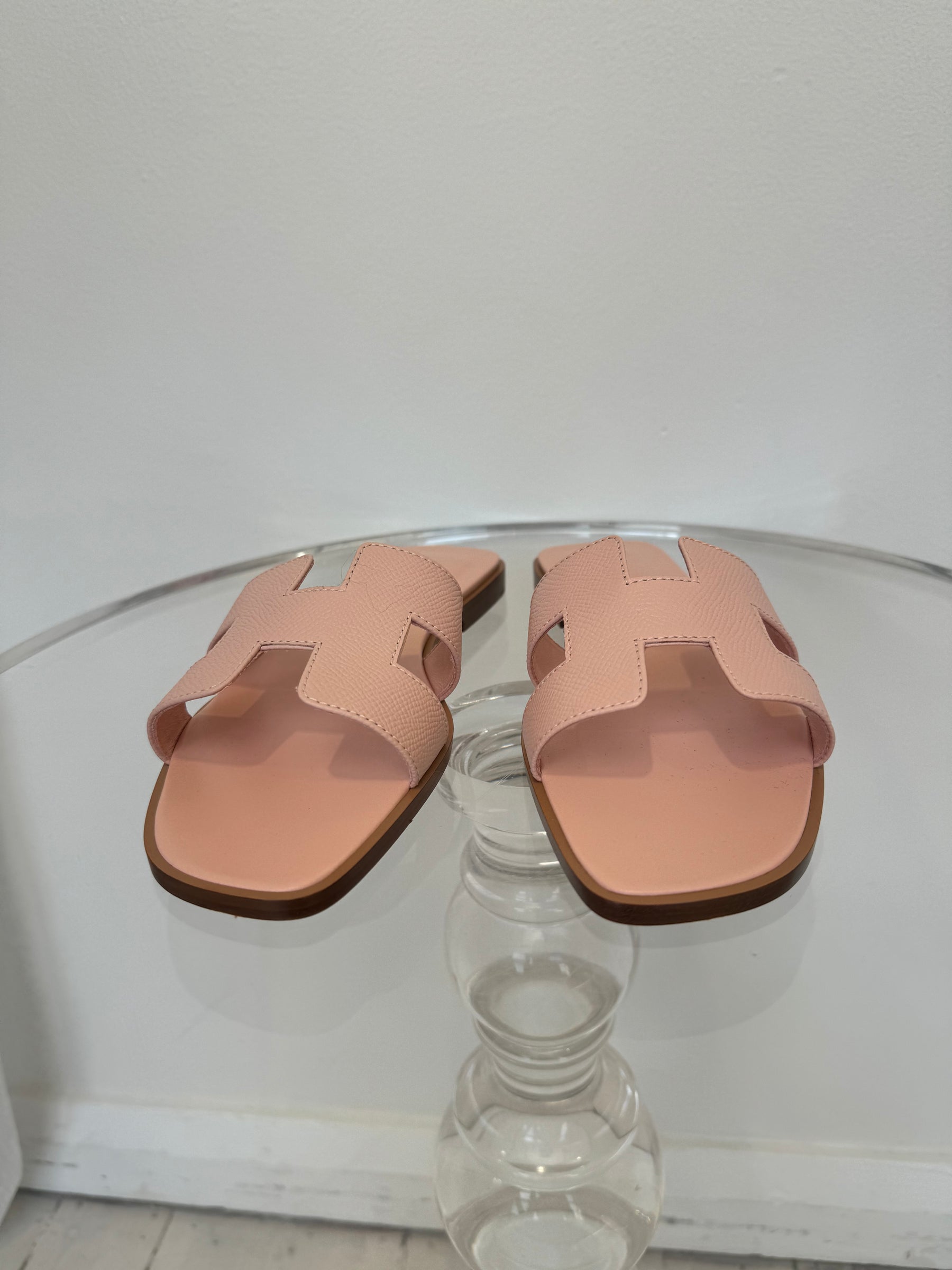 Hermès Rose Pale Epsom Leather Oran Slides, 37.5
