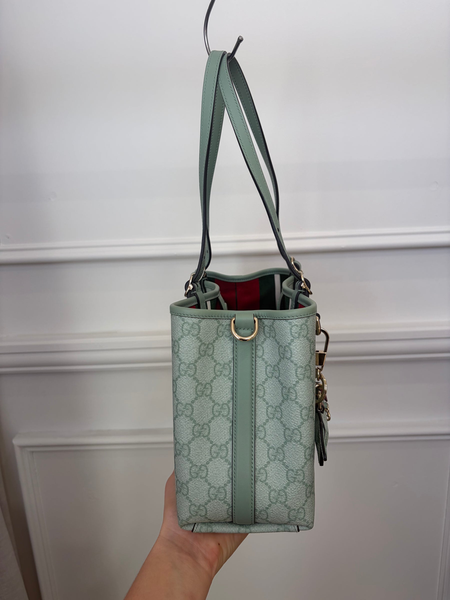Gucci Sage Green GG Monogram Emblem Small Tote with Dog Charm