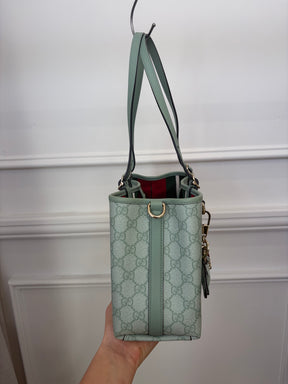 Gucci Sage Green GG Monogram Emblem Small Tote with Dog Charm