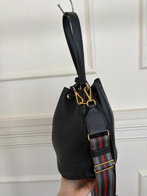 Prada Black Grained Leather Logo Bucket Bag