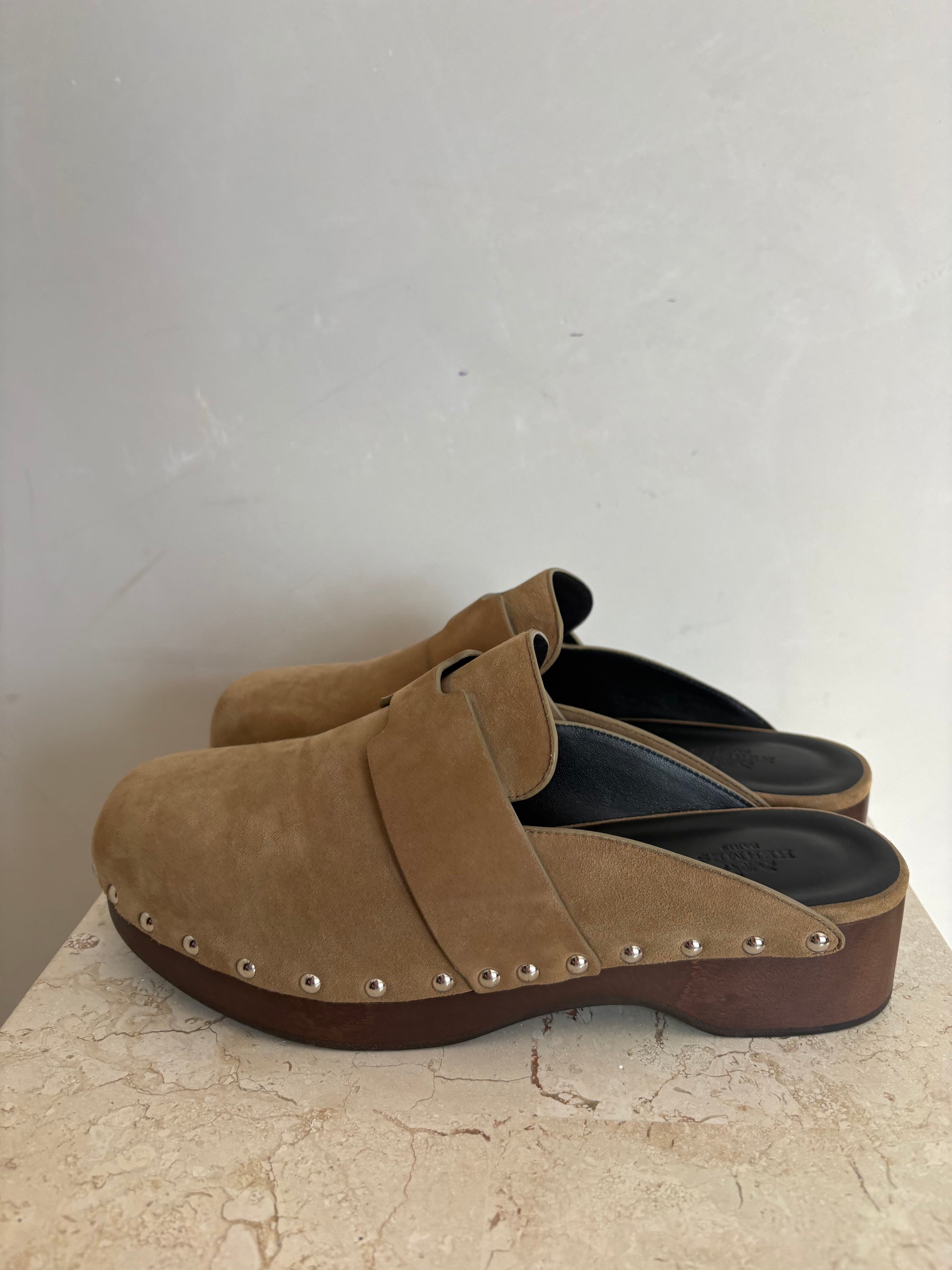 Hermès Taupe Suede Calya Cloggs, 38