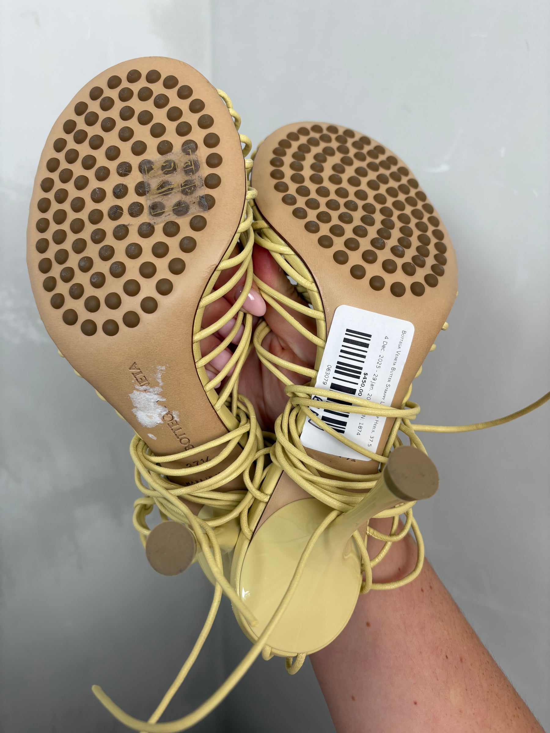Bottega Veneta Butter Strappy Lace Up Heels, 37.5
