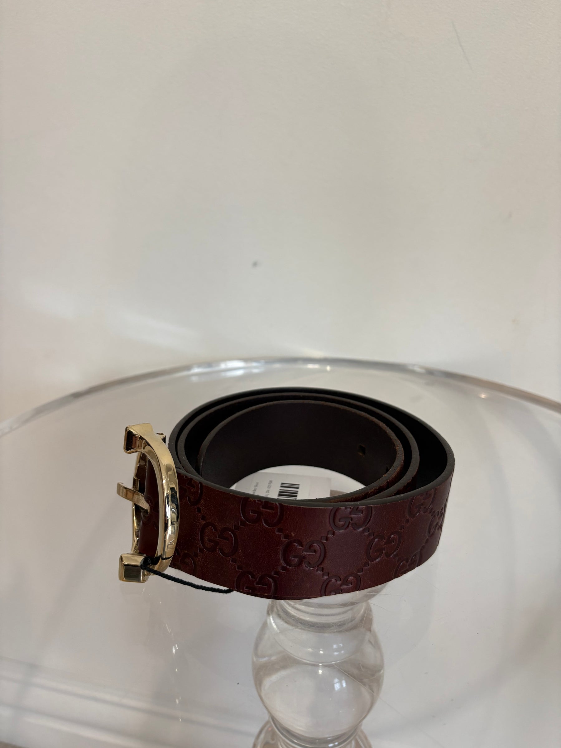 Gucci Monogram Brown Leather Belt Gold Hardware, 90cm