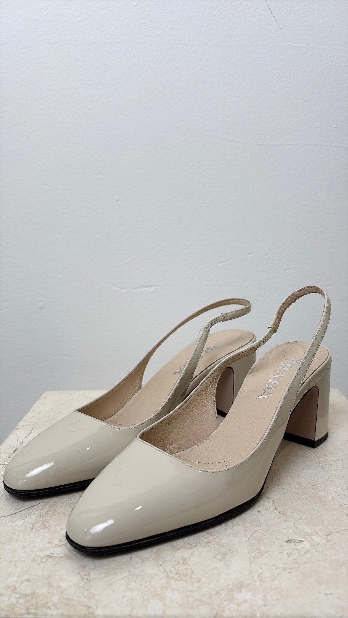 Prada Cream Patent Leather Logo Back Slingback, 36