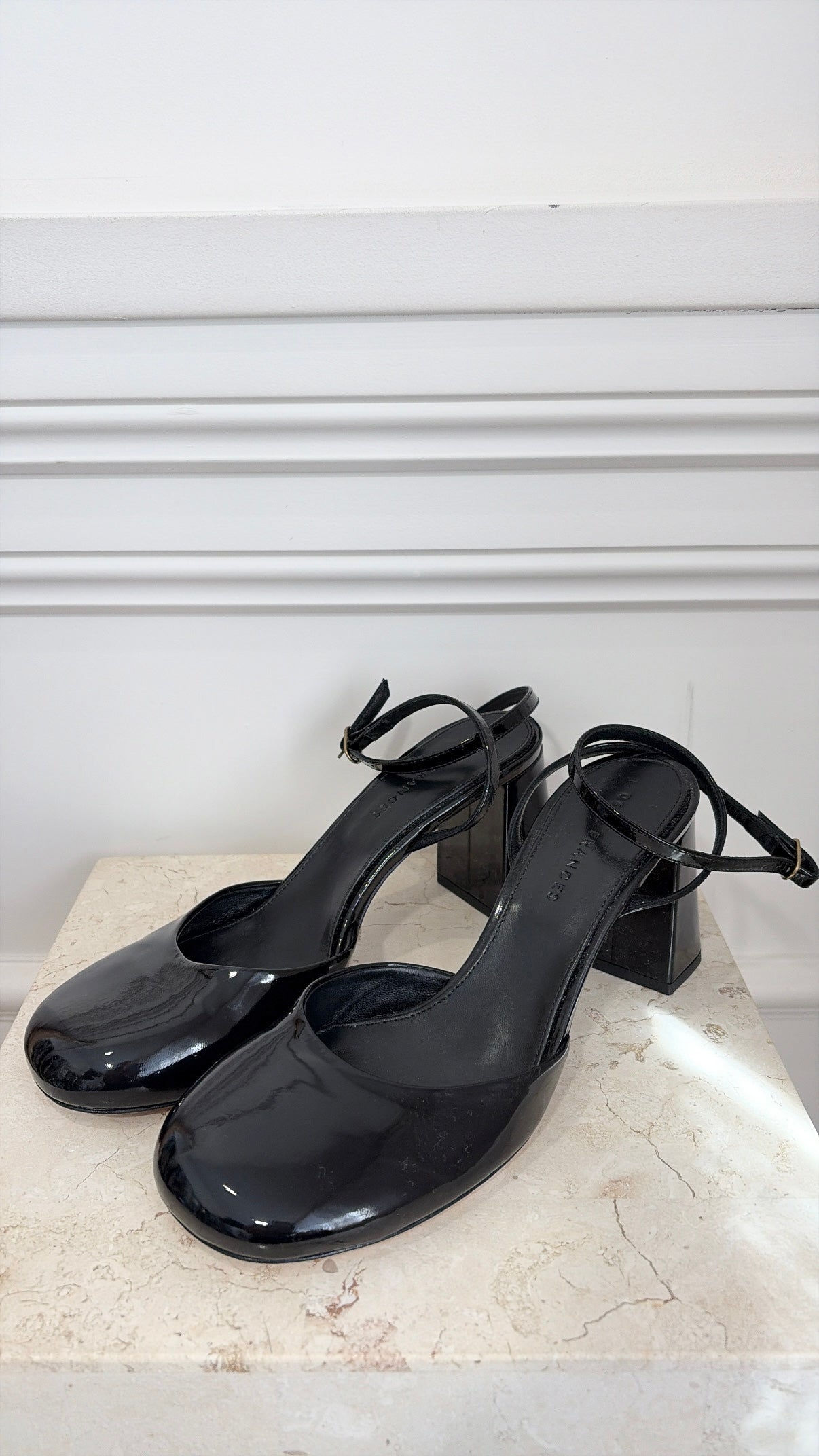 Dear Francis Harlow Black Patent Pumps With Ankle Strap, 40