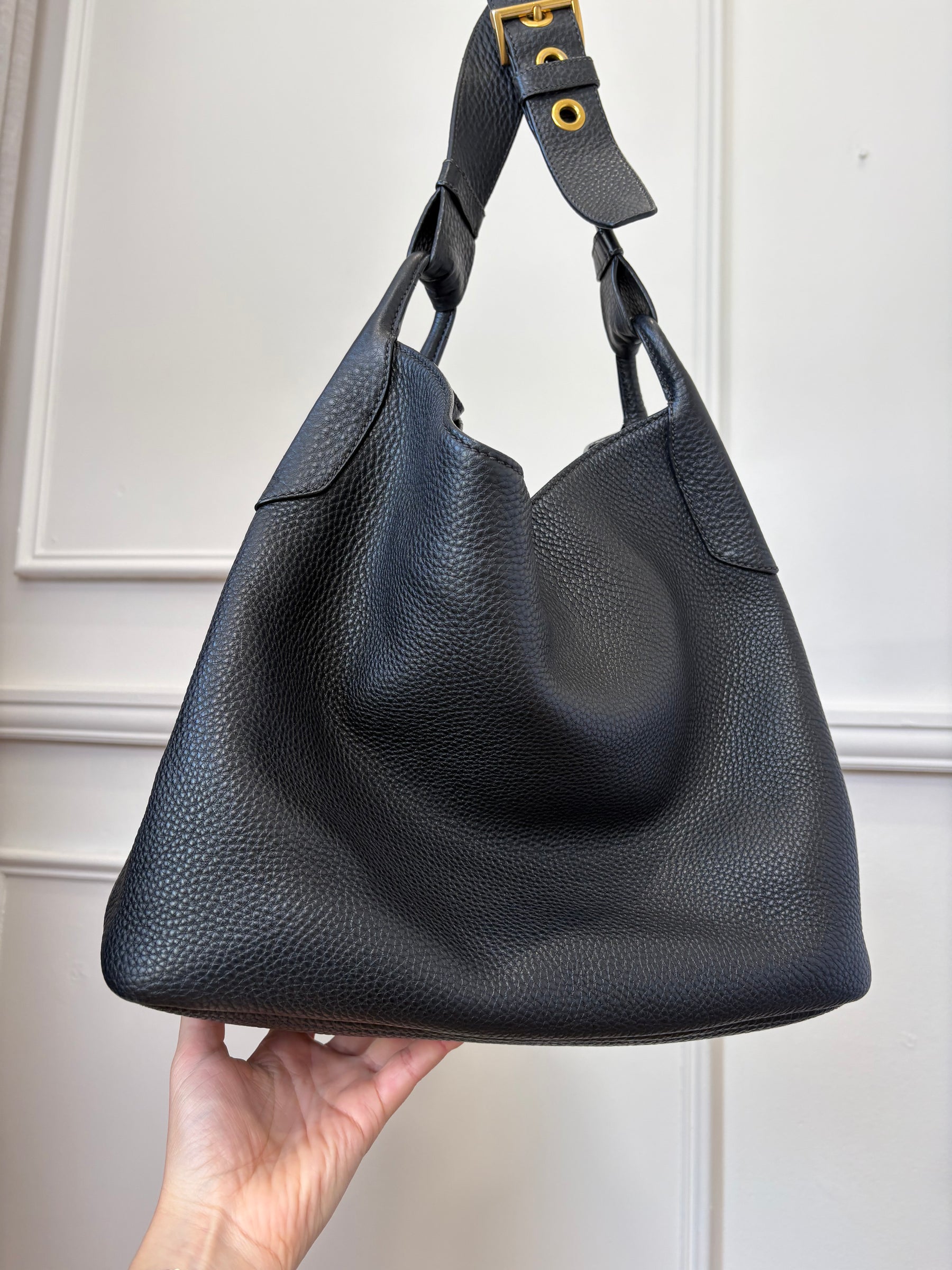 Prada Grained Leather Hobo Bag Black