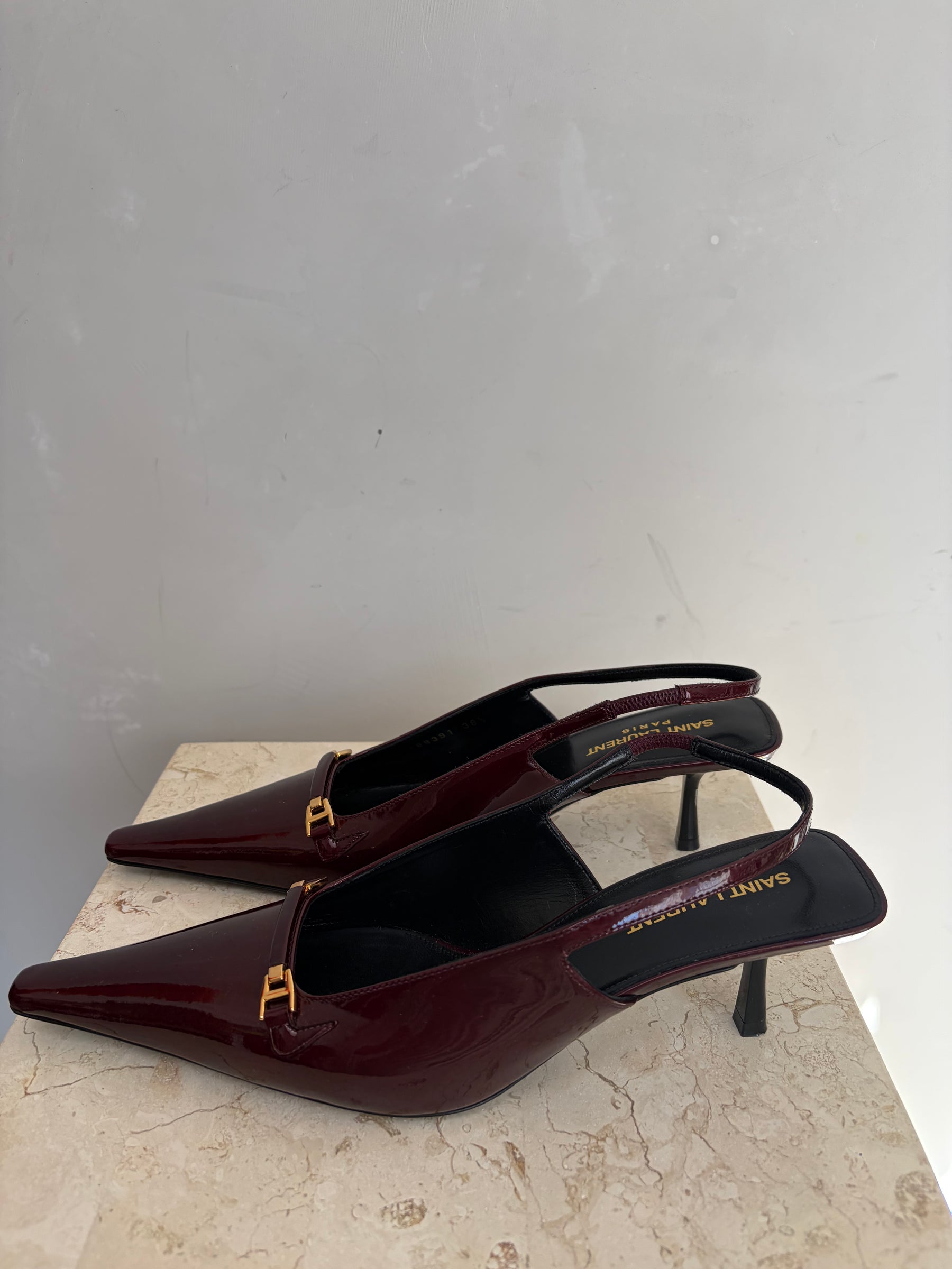 Saint Laurent Burgundy Patent Leather Pointed Carine Slingback Pumps, 38.5
