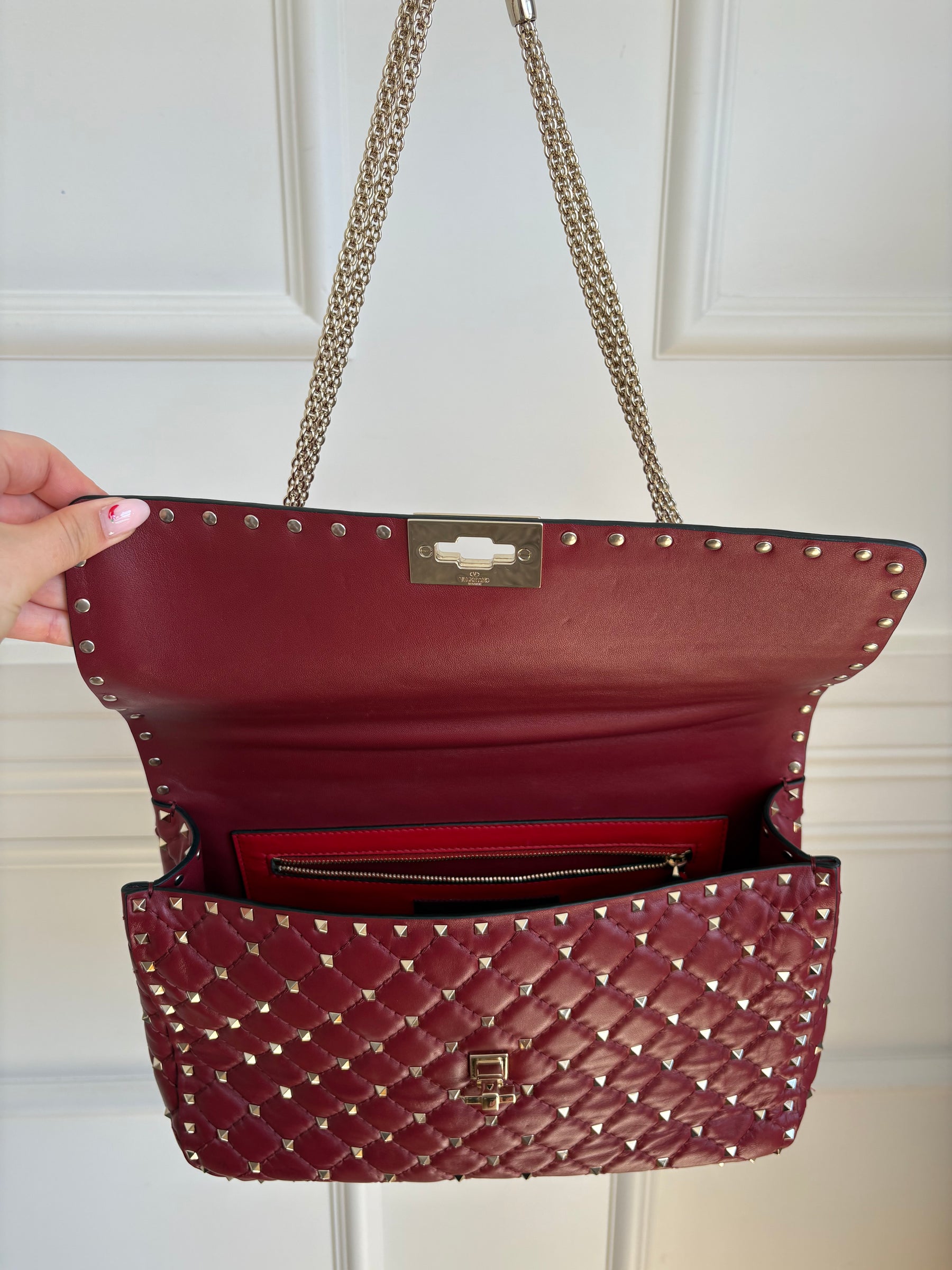 Valentino Garavani Red Leather Rockstud Chain Flap Bag