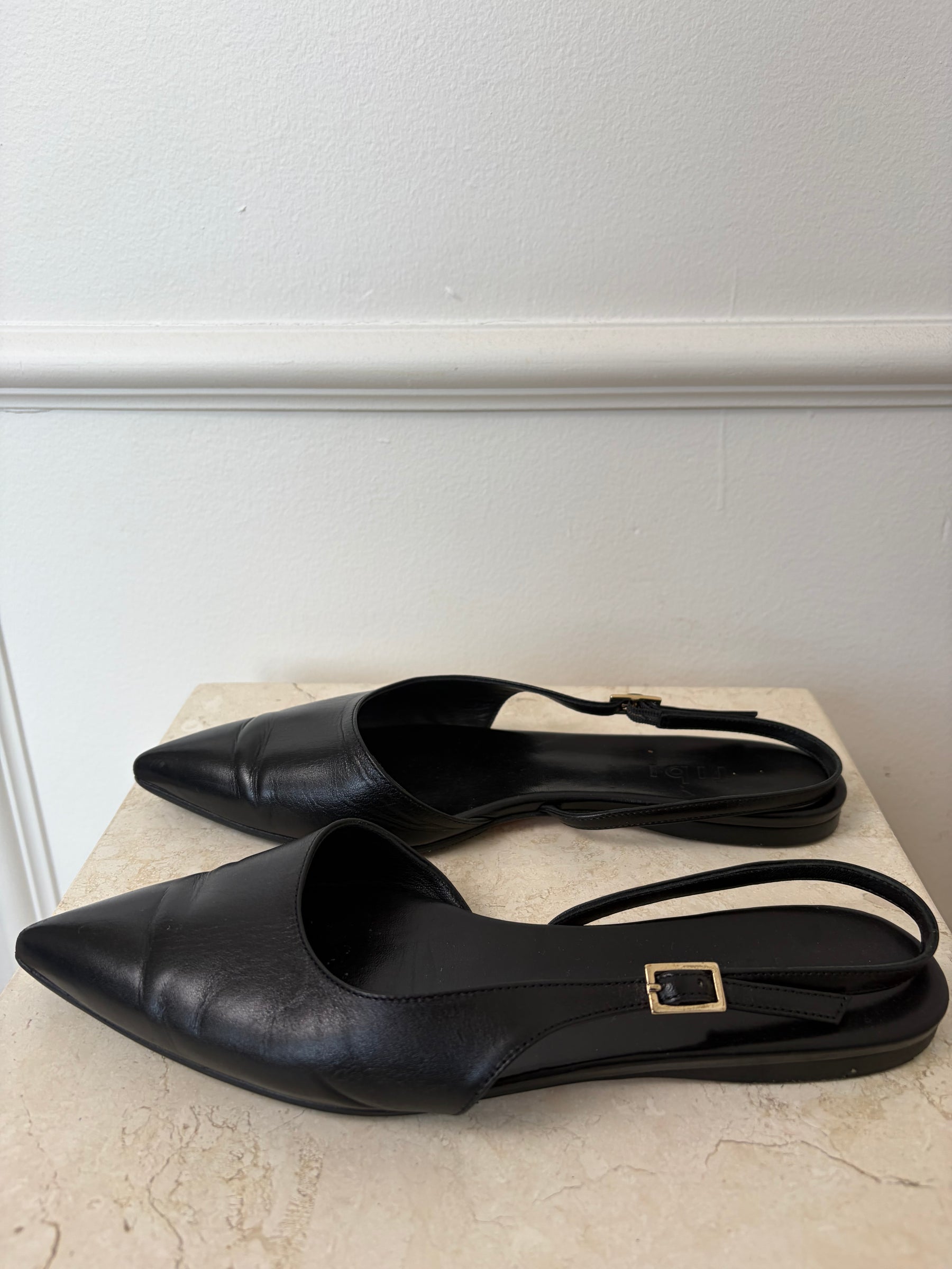 Tibi Black Pointed Slingback Flat, 37.5