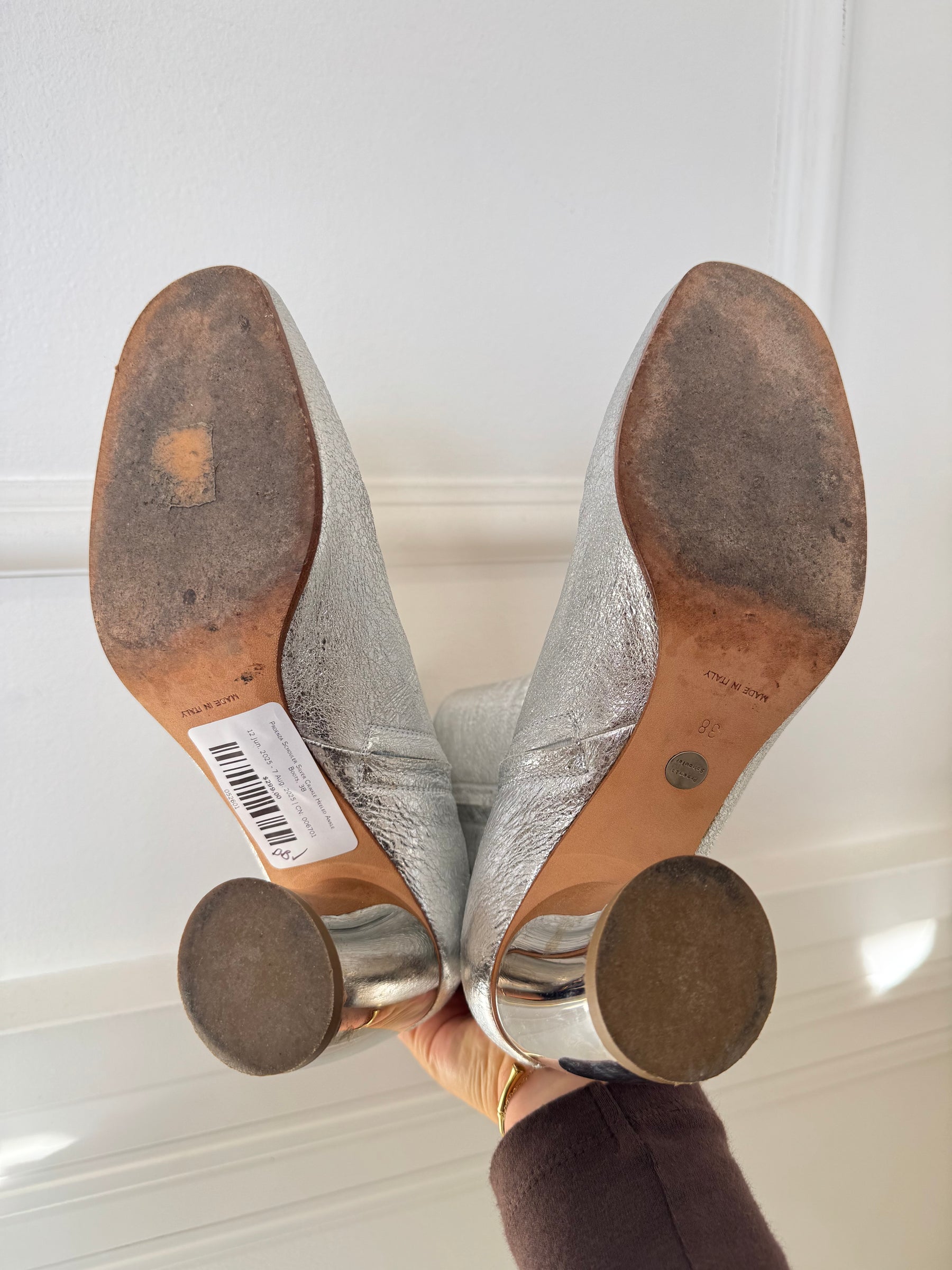 Proenza Schouler Silver Crinkle Heeled Ankle Boots, 38