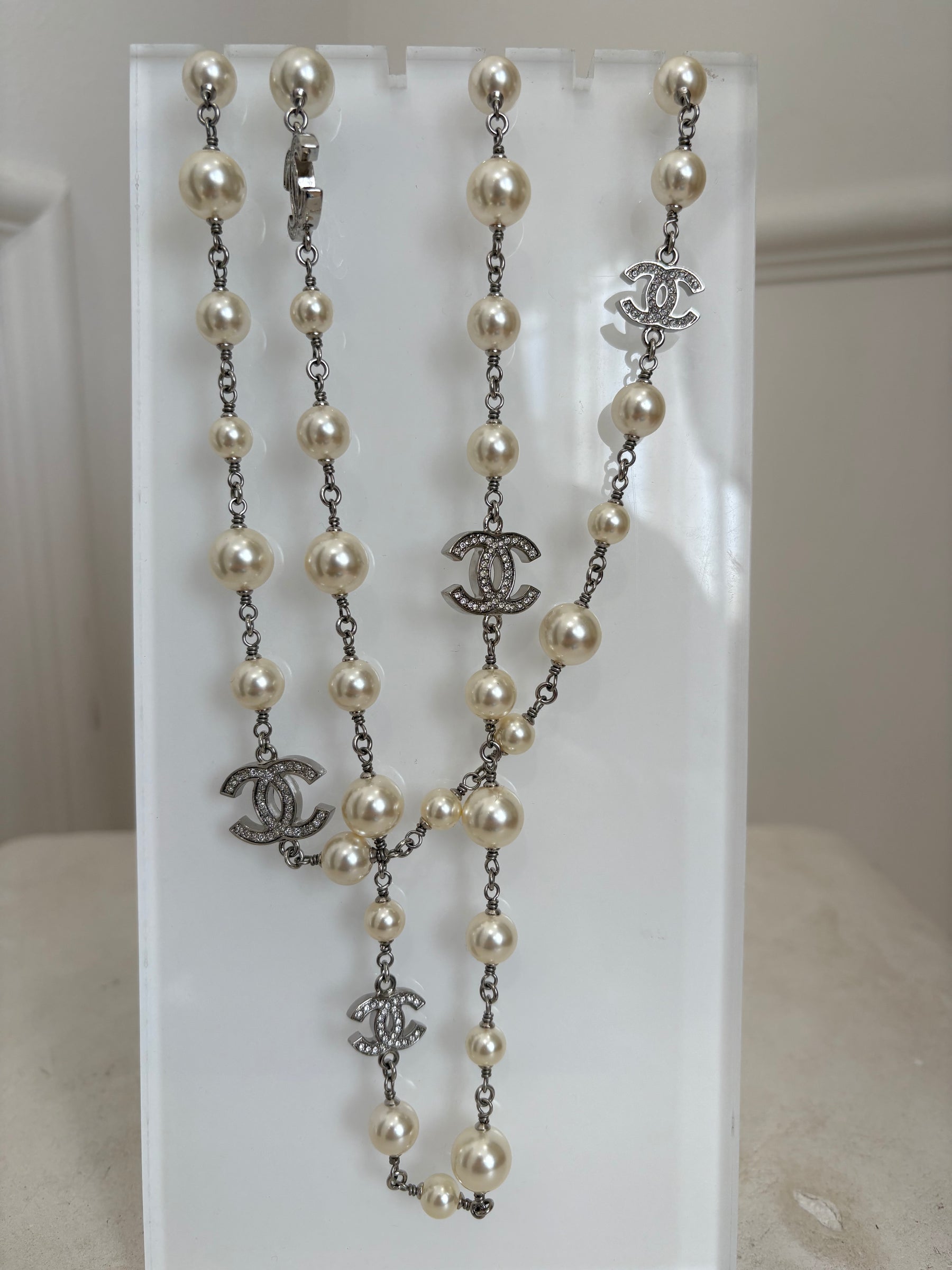 Chanel Silver Tone Pearl and Diamonte Logo Necklace