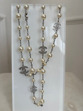 Chanel Silver Tone Pearl and Diamonte Logo Necklace