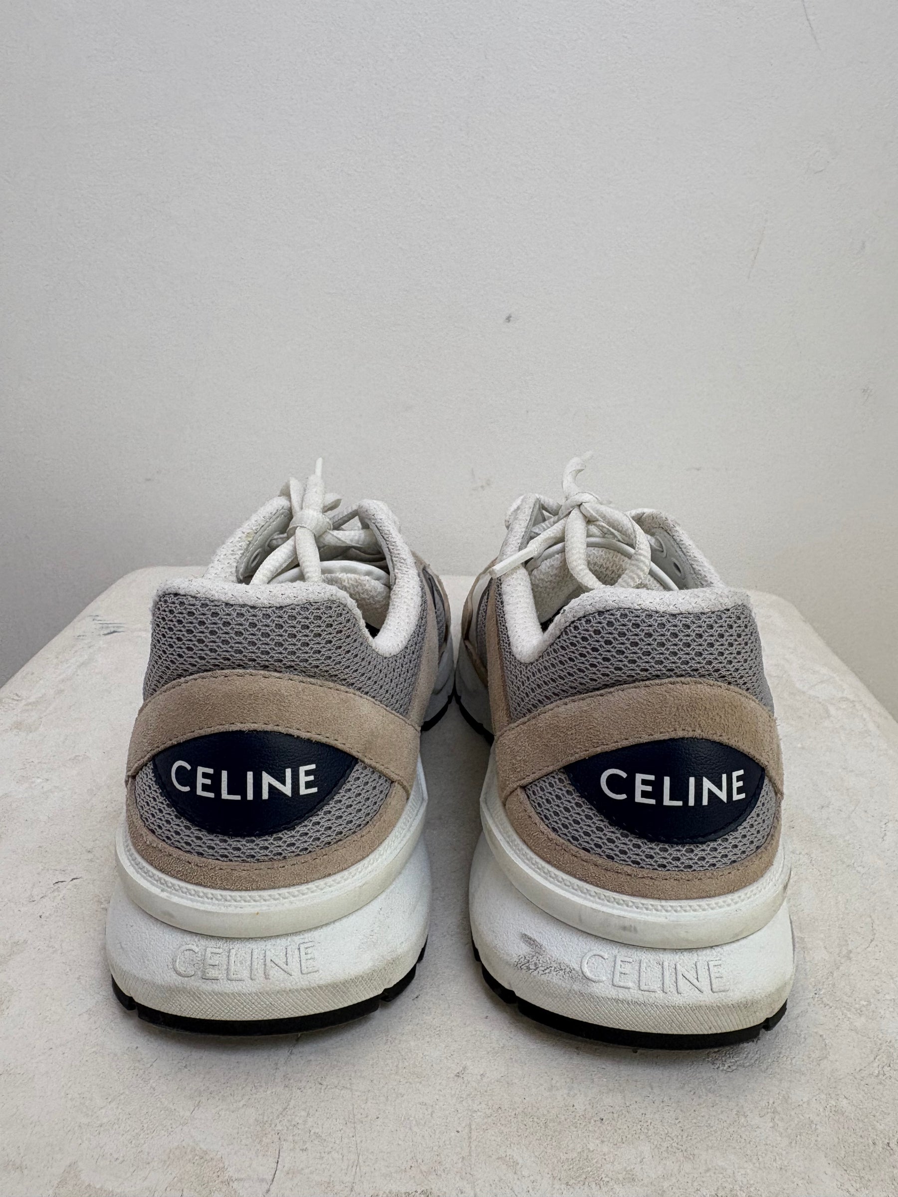 Celine Mesh and Calfskin Optic White Beige Navy Low Top Sneakers, 38