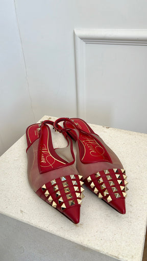 Valentino Garavani Red Leather and Mesh Rockstud Pointed Flats, 41