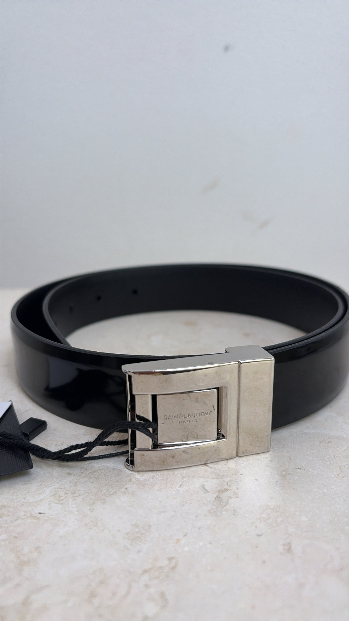 Saint Laurent Black Patent Leather Silver Buckle Belt, 80