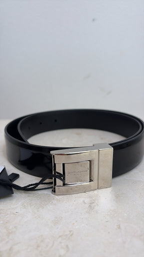 Saint Laurent Black Patent Leather Silver Buckle Belt, 80