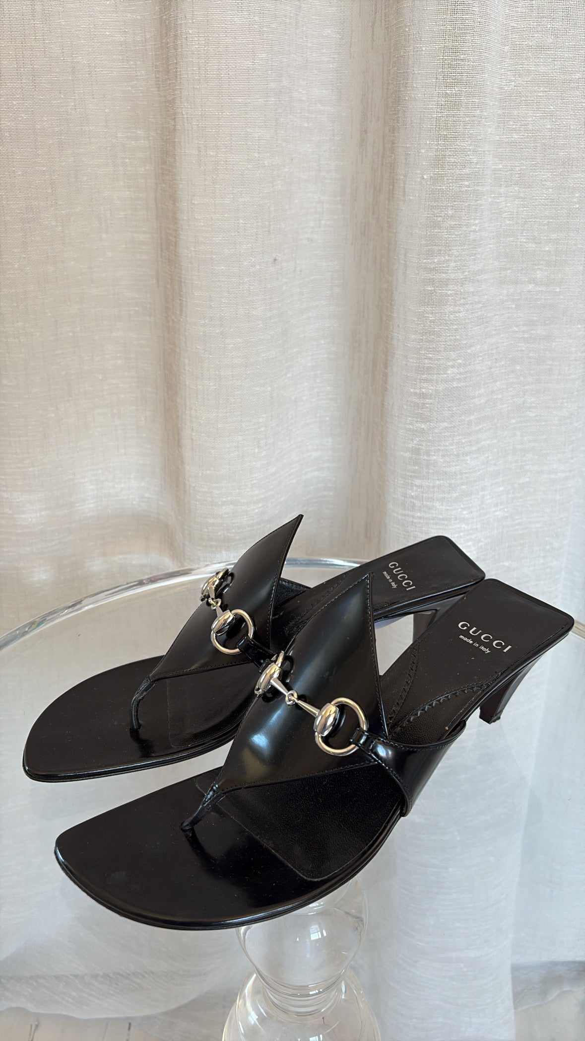 Gucci Black Leather Horsebit Thong Heeled Sandals, 39.5