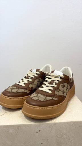 Gucci Brown Leather and Monogram Canvas Chunky Sneakers, 41