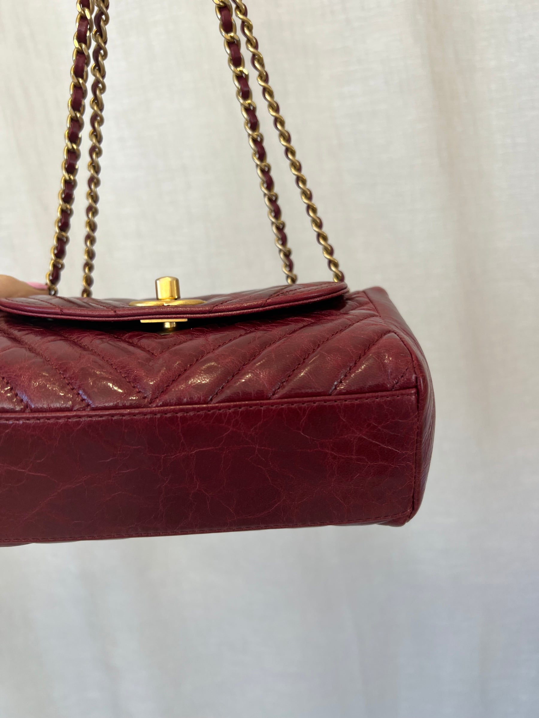 Chanel Merlot Distressed Mini Flap Bag With Gold Hardware
