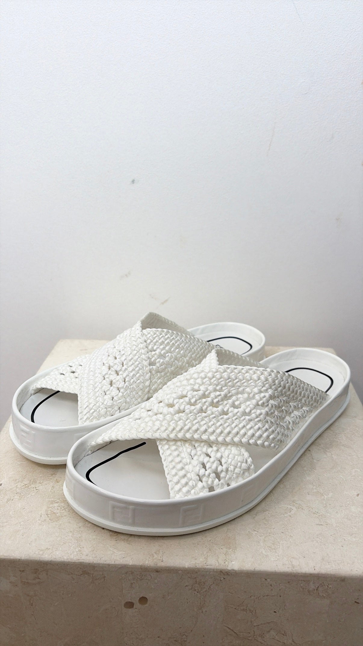 Fendi White Crochet Cross Over Flat Sandals, 37.5