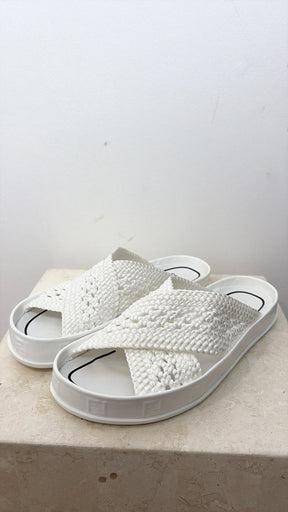 Fendi White Crochet Cross Over Flat Sandals, 37.5