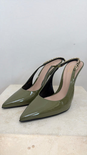 Gucci Khaki Green Patent Sling Back Pumps, 38