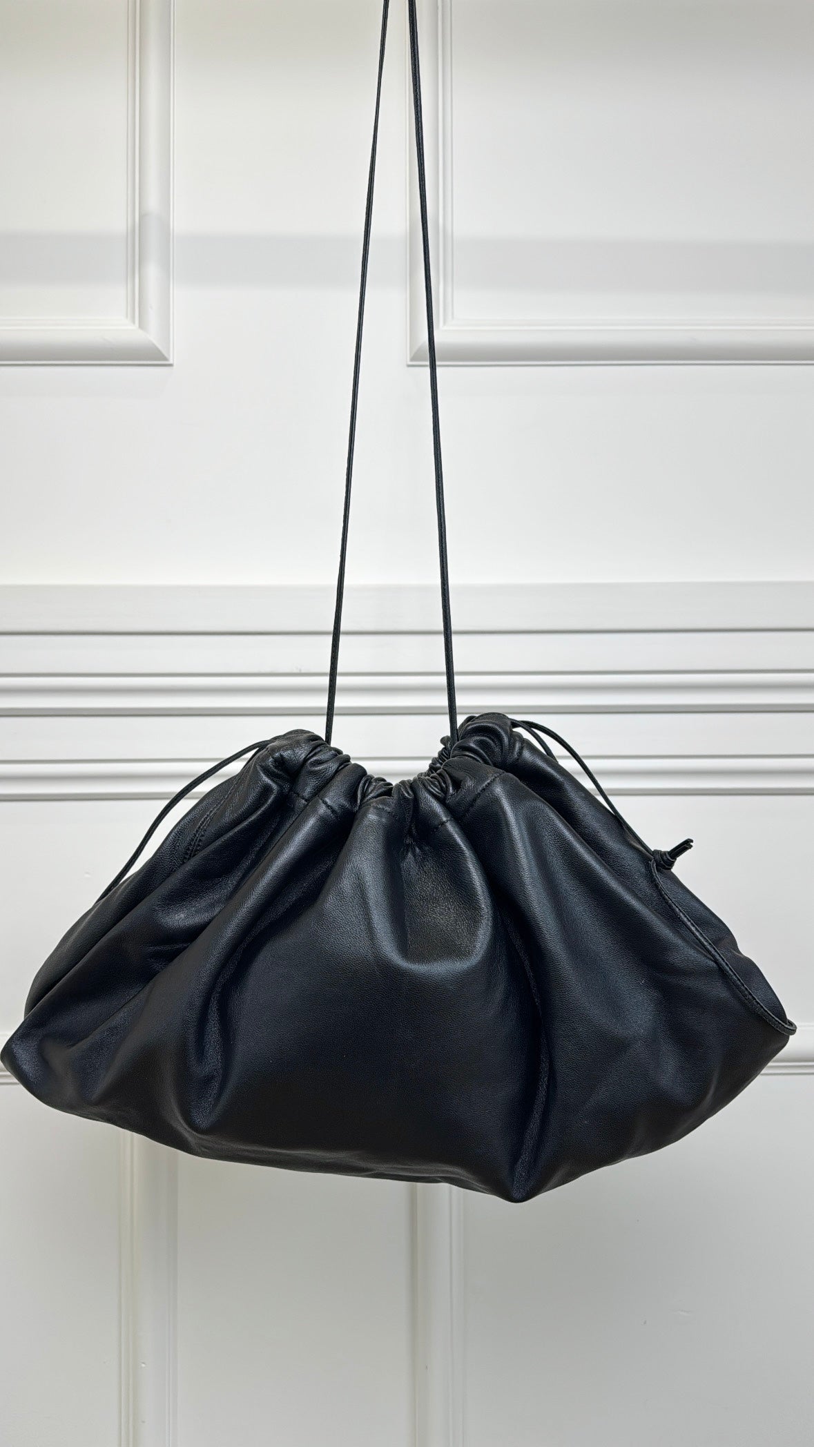 Studio Amelia Black Leather Logo Drawstring Pouch with Strap
