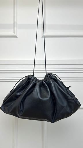 Studio Amelia Black Leather Logo Drawstring Pouch with Strap