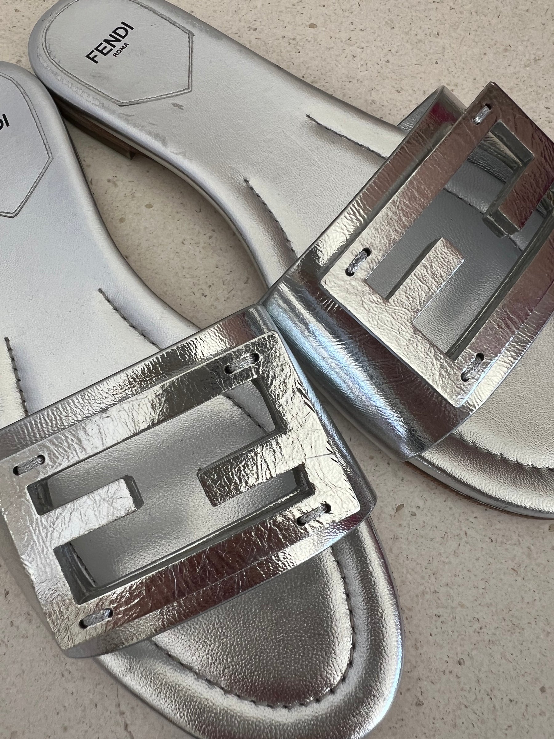 Fendi Baguette Silver Logo Slides, 39