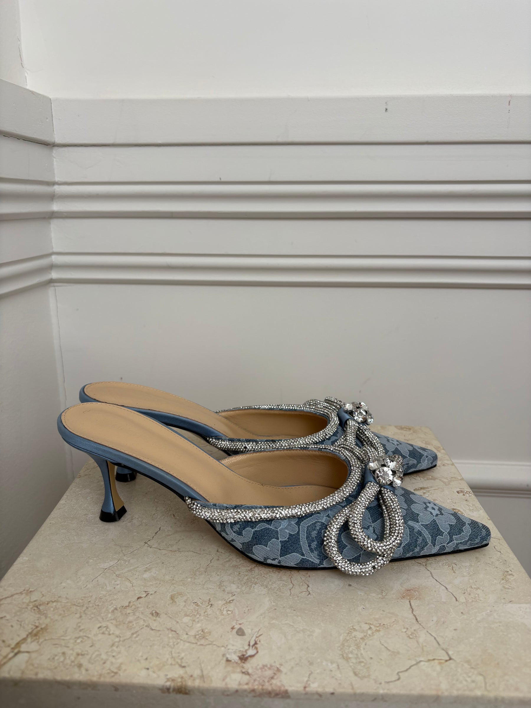 Mach & Mach Blue Lace Crystal Bow Pointed Mule, 39