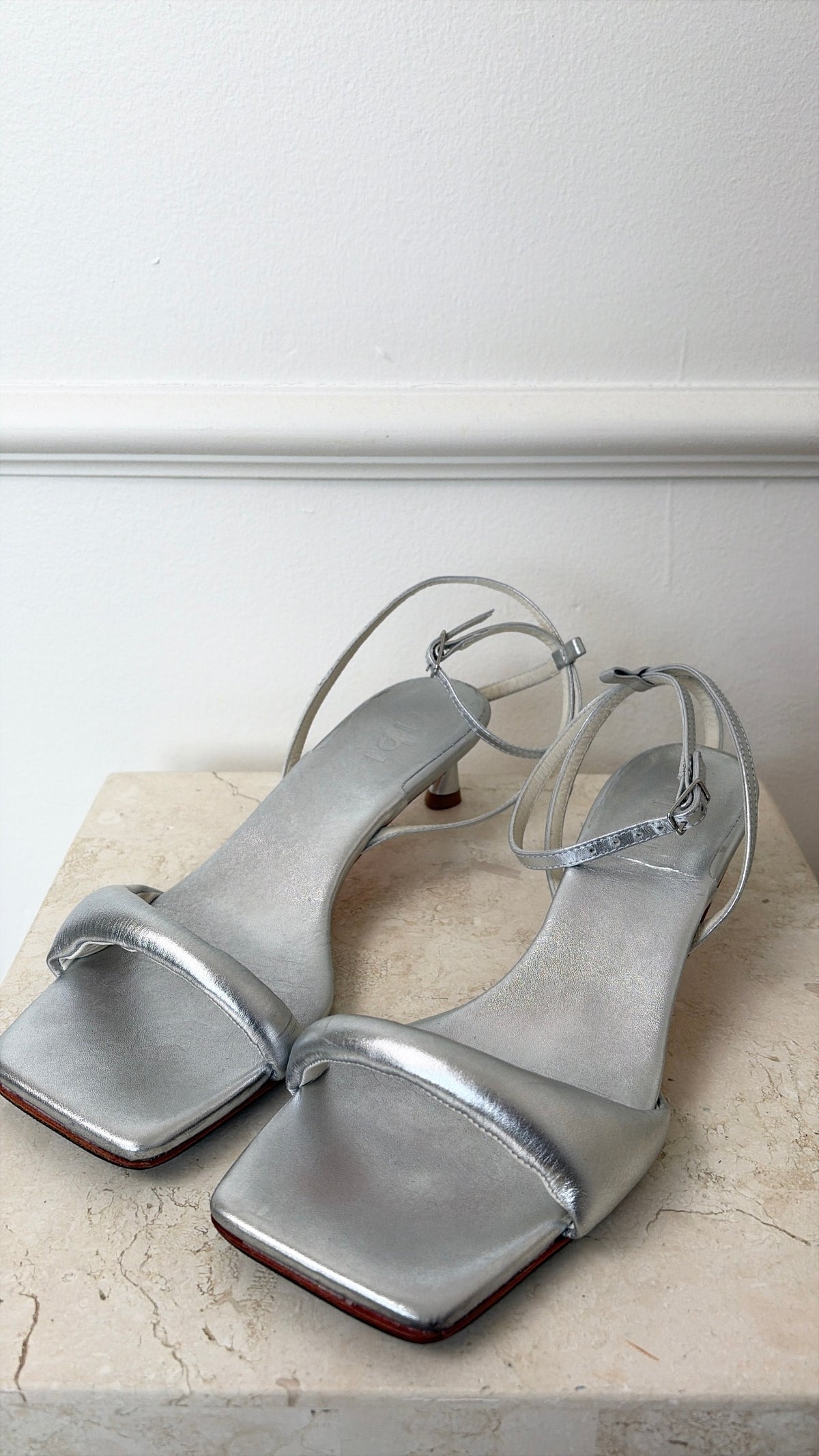Tibi Silver Padded Leather Strappy Kitten Heel, 38